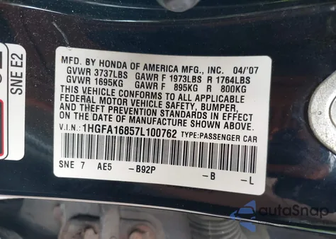 2007 Honda Civic Ex z USA, uszkodzony, nr VIN 1HGFA16857L100762